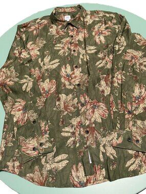 Campus Sutra Mens Large Green Floral Botanical Button Down Shirt Long Sleeve